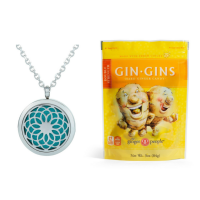 essential oil diffuser necklace, gin gins chewy candy, and gel ice packs