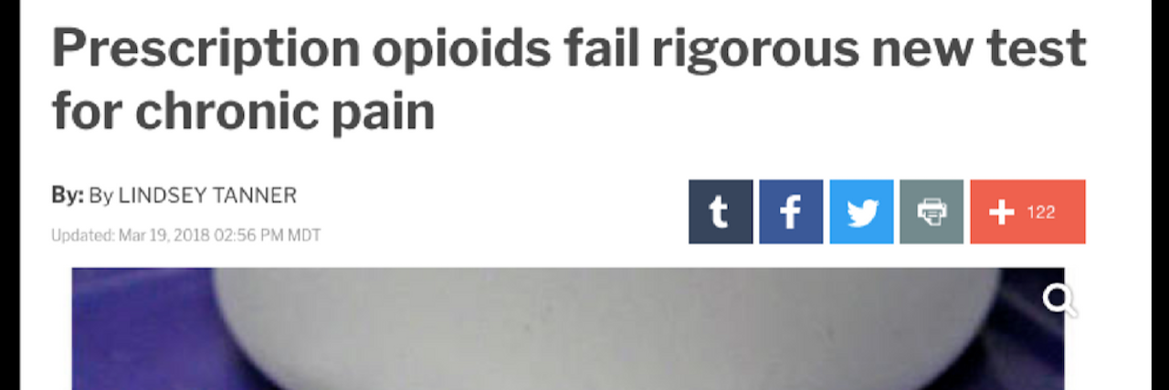 Problematic Media Coverage of Study About Opioids and Chronic Pain screenshot of a local CBS headline that says 'prescription opioids fail rigorous new test for chronic pain'