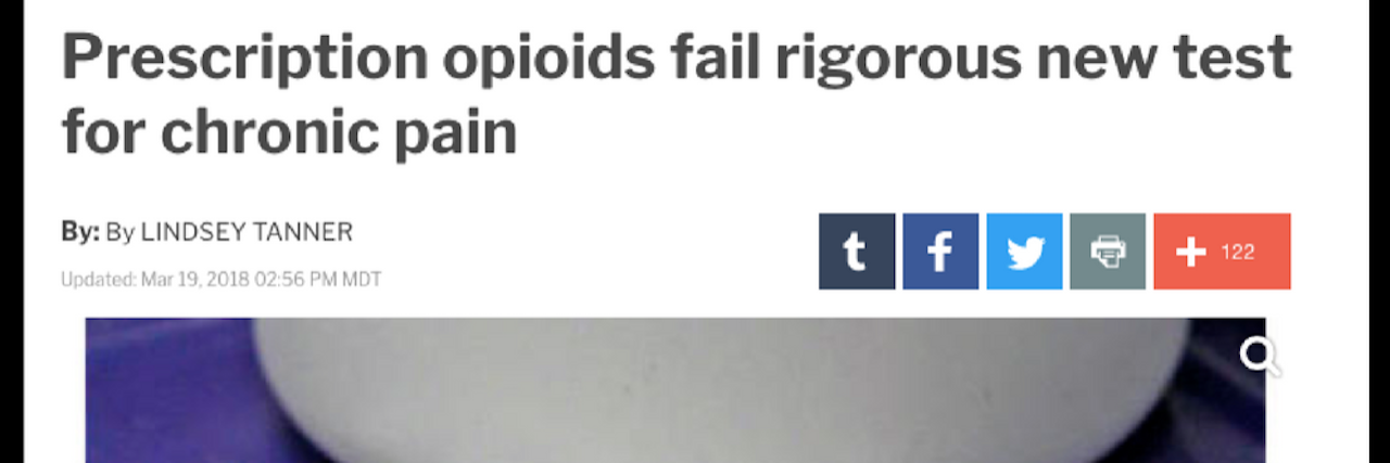 screenshot of a local CBS headline that says 'prescription opioids fail rigorous new test for chronic pain'