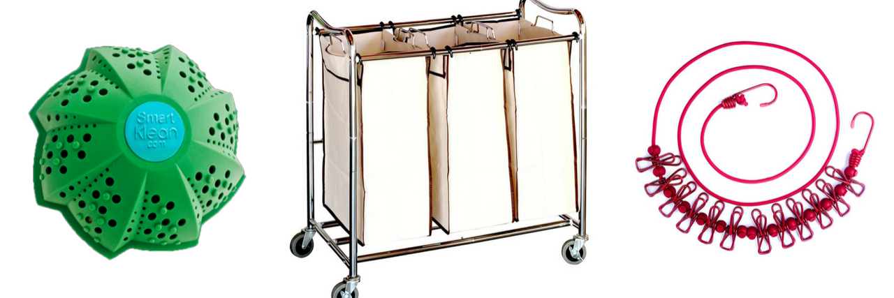 16 Products That Can Make It Easier to Do Laundry With Chronic Illness smartklean laundry ball, rolling laundry sorter, and red portable clothesline