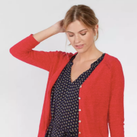 red cotton cardigan from fatface and men's shirt from target