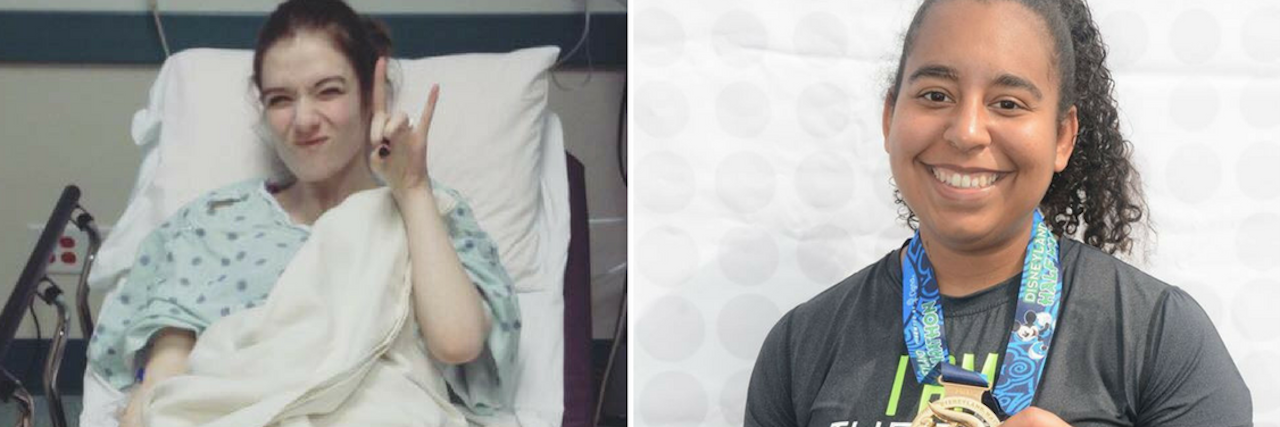 left photo shows a woman lying in a hospital bed giving the 'rock n roll' sign, and the right photo shows a woman holding up a medal after running a half-marathon