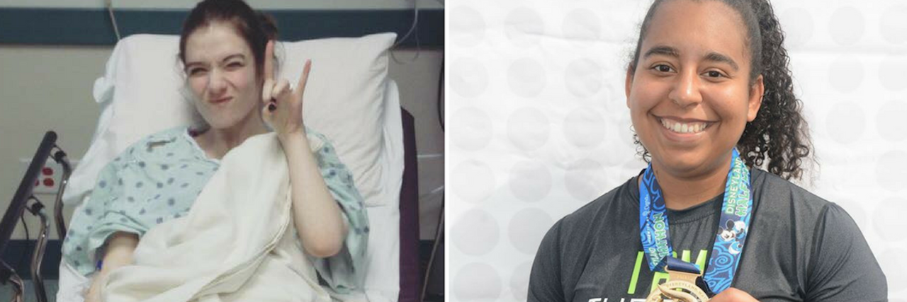 20 Amazing Ladies With Chronic Illness to Celebrate on Women's Day left photo shows a woman lying in a hospital bed giving the 'rock n roll' sign, and the right photo shows a woman holding up a medal after running a half-marathon