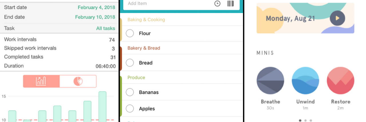 10 Apps That Help People With Brain Fog Be Productive screenshots from the be focused app, out of milk app, and headspace app