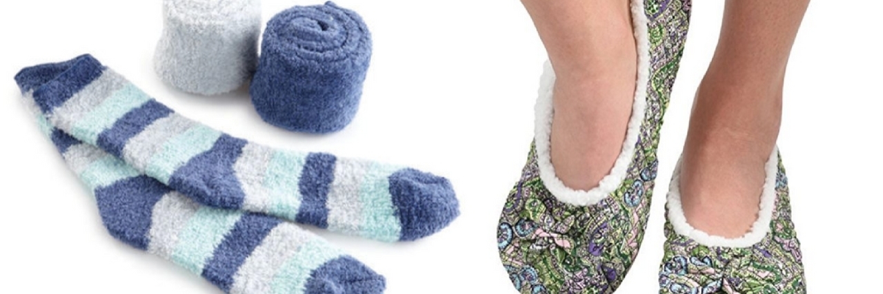 17 Best Socks and Slippers for People With Chronic Illness blue and white striped socks and paisley slippers