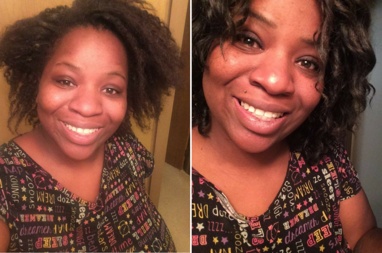 two selfie photos of a woman smiling