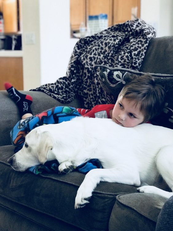 the author's son laying on the couch with his service dog