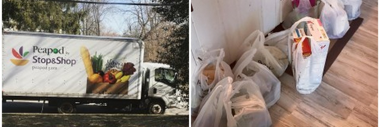peapod truck and bags of food in kitchen
