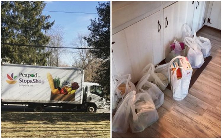 peapod truck and bags of food in kitchen