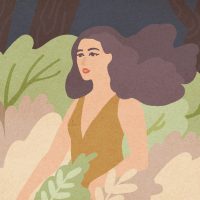illustration of woman in trees with hair flowing