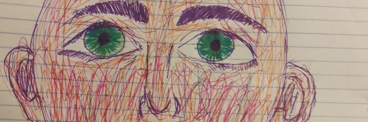 The Drawings That Help Me Stop Self-Harming bald woman with green eyes