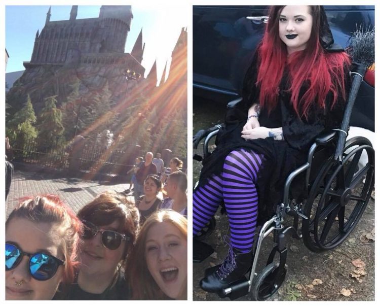 side by side photos of friends at wizarding world of harry potter and photo of girl in wheelchair