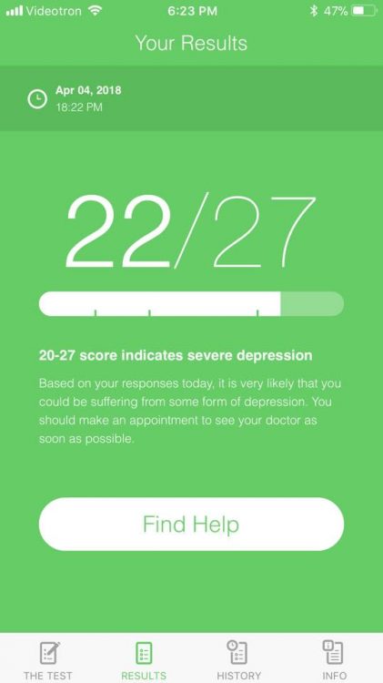 screenshot of online depression test results saying 22 out of 27