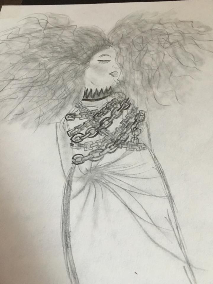 black and white sketch of woman wrapped in chains