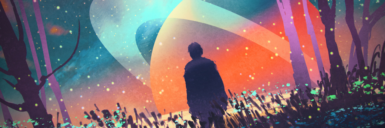 3 Things I Wish People Knew About Suicide Attempts man standing alone in forest with fictional planets background,illustration