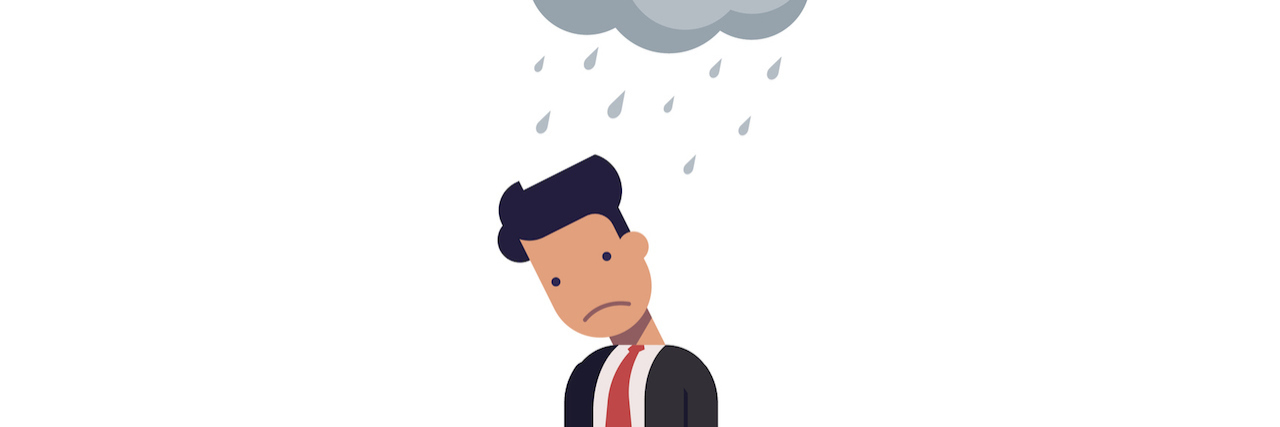 What It's Like to Be Depressed and Unemployed Illustration of a man in a suit under a ran clowd