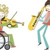 A disabled person in a wheelchair plays music with a person standing.