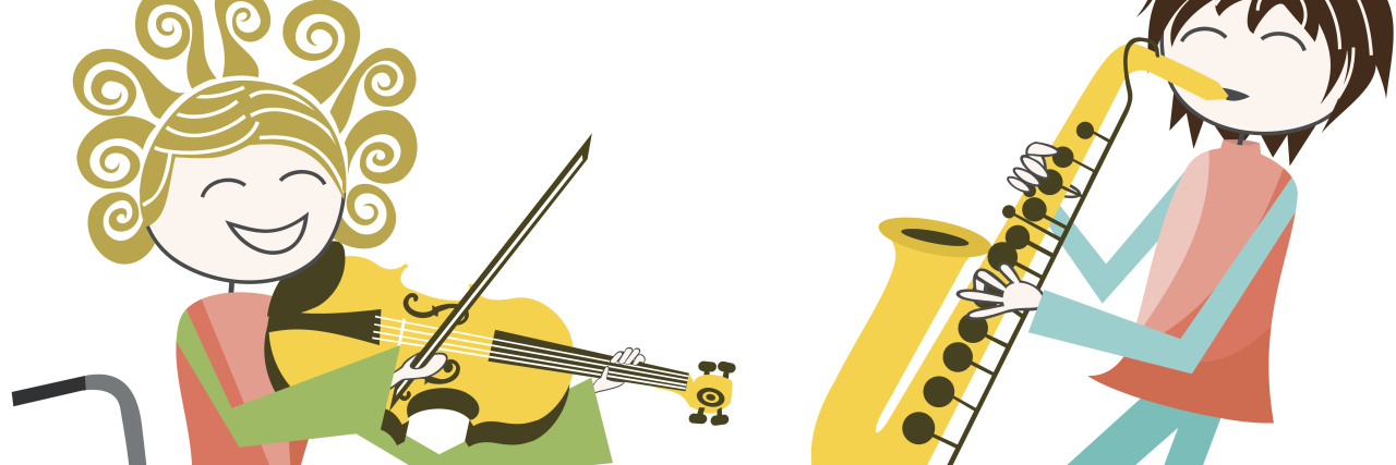 Befriending Someone in a Wheelchair A disabled person in a wheelchair plays music with a person standing.