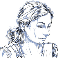 sketch of a woman with her hair pulled back and looking down