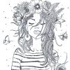 black and white drawing of a woman with a striped shirt and flowers in her hair