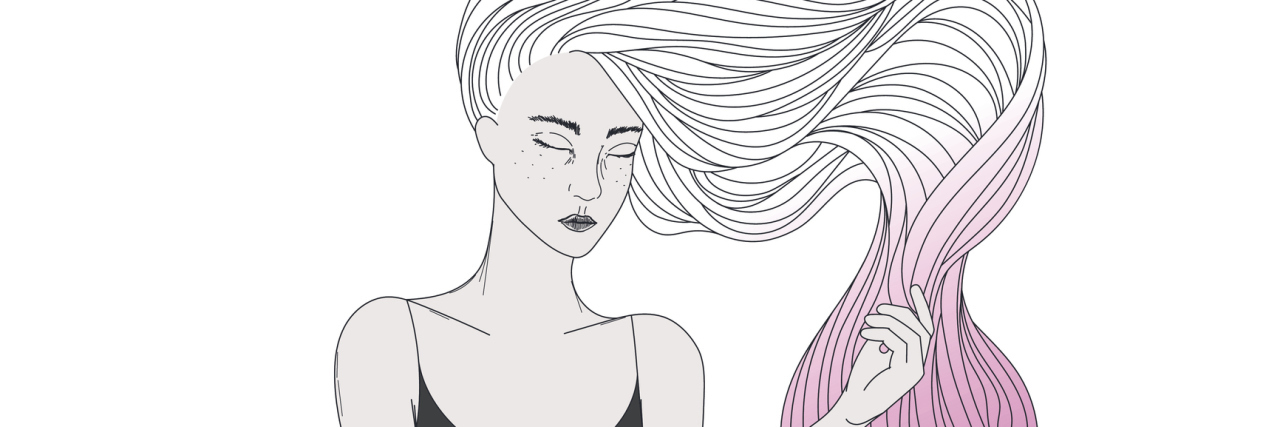 When People Encourage You to 'Think Positive' About Chronic Illness drawing of a woman with long wavy hair that starts as white then turns to pink and purple