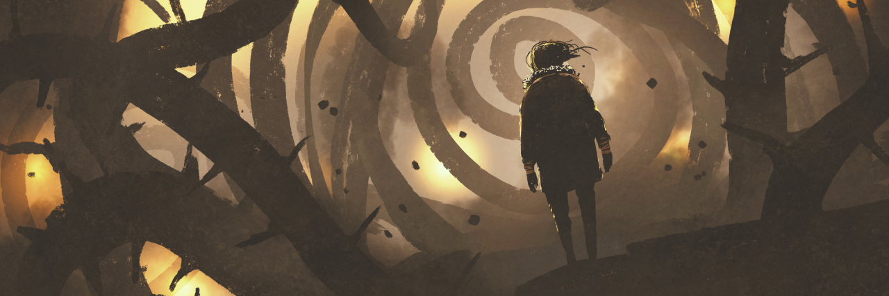 Please Stop Anger-Shaming the Chronically Ill man walking in mystery forest with thorny tree, digital art style, illustration painting