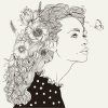 black and white illustration of a woman with flowers in her hair looking at a butterfly