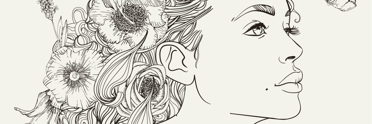 What to Do If You're Having a Bad Day Due to Illness or Disability black and white illustration of a woman with flowers in her hair looking at a butterfly