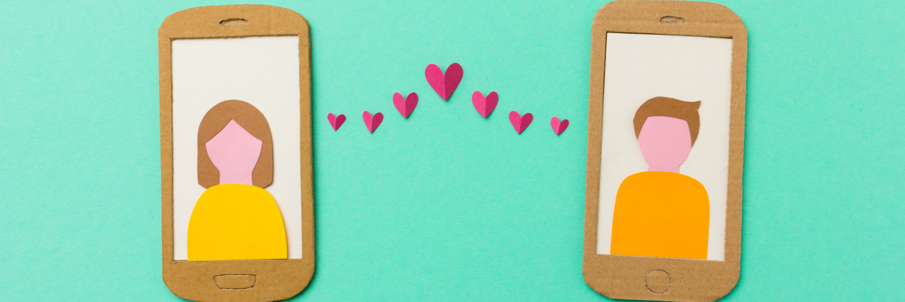 Dating With a Chronic Illness man and woman profile on smartphones connected with flying paper hearts