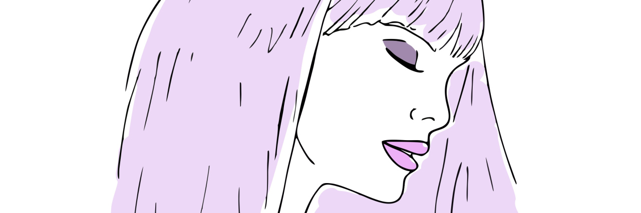 illustration of a girl with purple hair closing her eyes