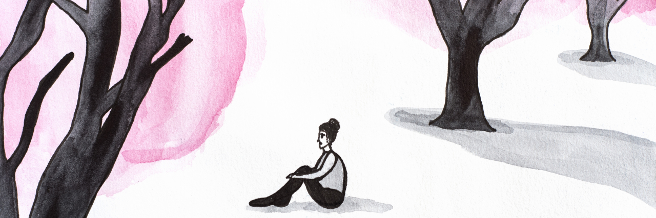 Hurtful Things I Experienced With Hearing Loss Watercolor illustration of lonely woman in the forest.