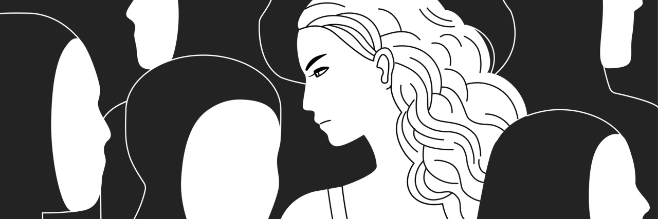 What People Should Know About Chronic Fatigue Syndrome black and white illustration of a woman in the middle of a faceless crowd