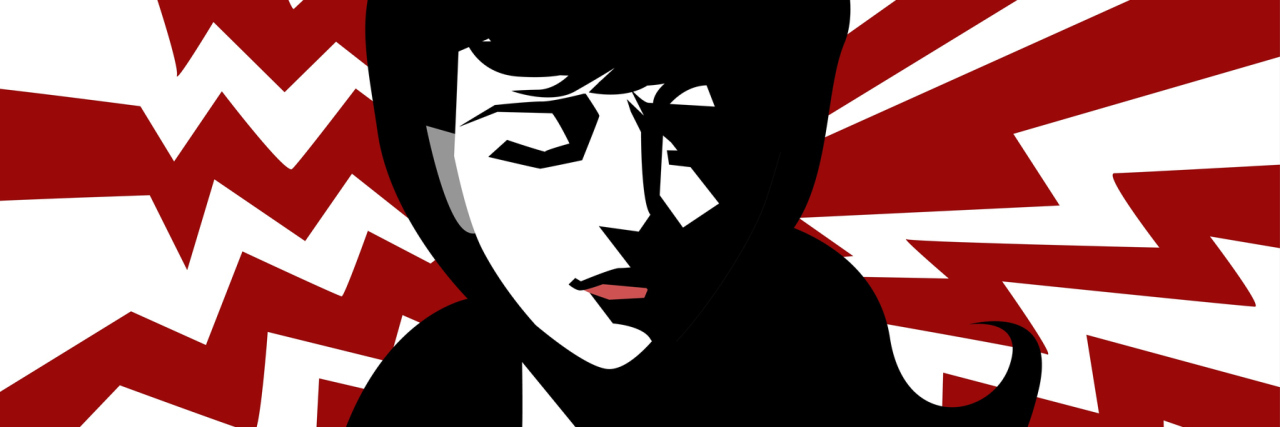 What the Pain of Fibromyalgia Feels Like illustration of woman with dark hair closing her eyes. red and white lightning bolts span out from behind her in all directions