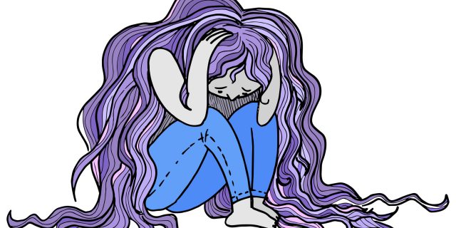Sad teen-ager with long hair, concept illustration about depression