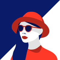 blue and red illustration of a woman wearing a hat and sunglasses