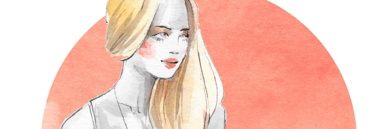 Feeling Bitter, Angry and Selfish Because of Chronic Illness illustration of a girl with blonde hair wearing a tank top standing in front of an orange circular background