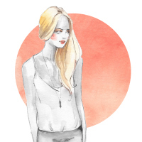 illustration of a girl with blonde hair wearing a tank top standing in front of an orange circular background