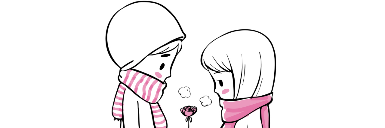 A sketch of a boy giving a girl a rose.