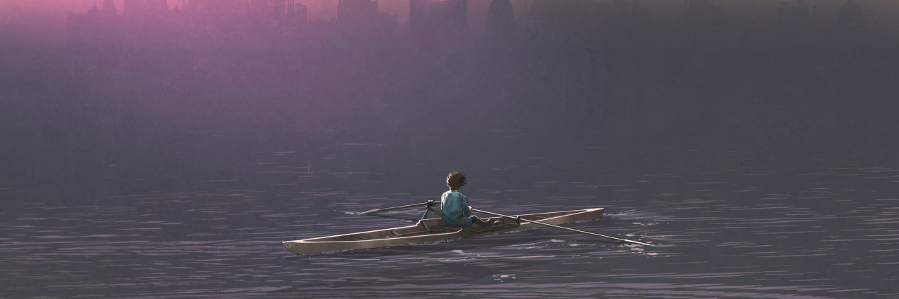 Boy rowing a boat in the sea and mist with ancient castles in background, digital art style, illustration painting