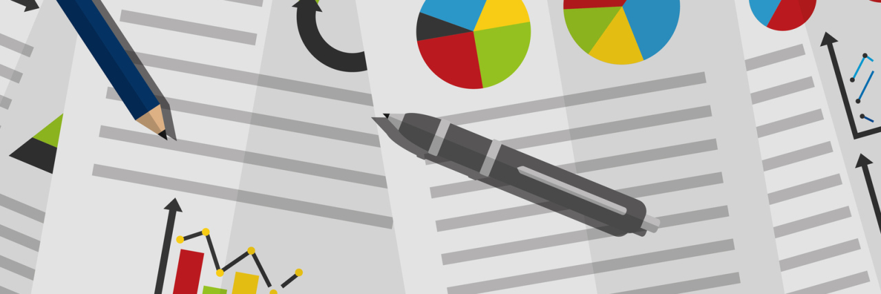 The Calculations That Go Through My Head on 'Good' Chronic Illness Day A cartoon based graphic showing a variety of spreadsheets, pens, a calculator, tablet, coffee mug, and magnifying glass.