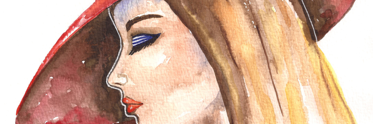 How I'm Defeating My Internalized Ableism A painted image of a woman wearing a red hat.