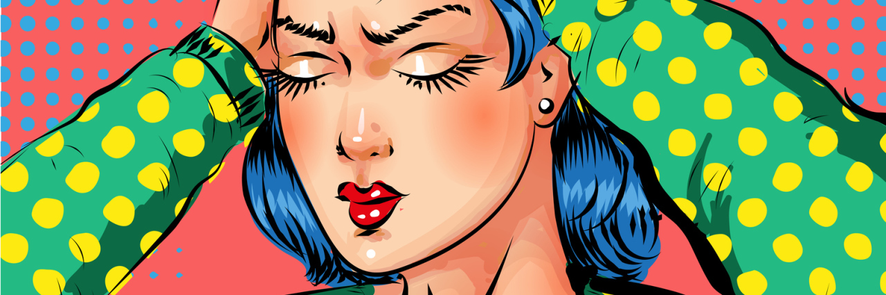 colorful illustration of woman with blue hair wearing a green shirt holding her head in frustration