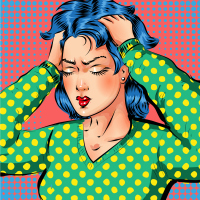 colorful illustration of woman with blue hair wearing a green shirt holding her head in frustration