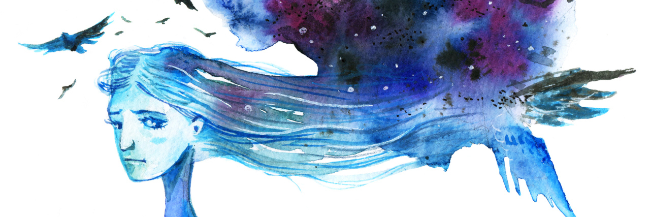 If Suicide Feels Like Your Only Option, Read This Anxious long-haired woman with dark blue cloud and birds over her head - hand drawn watercolor illustration in blue colors on white background