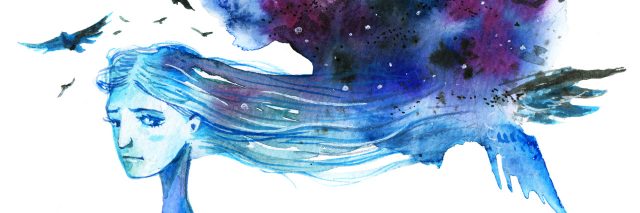 Anxious long-haired woman with dark blue cloud and birds over her head - hand drawn watercolor illustration in blue colors on white background