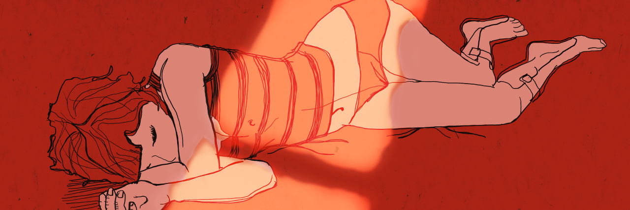Kam Redlawsk's HIBM Illustrations Kam's artwork of a woman laying on the floor sad, in a tank and underwear, with the light from a window shining in. A quote saying "I don't want to be an inspiration today."