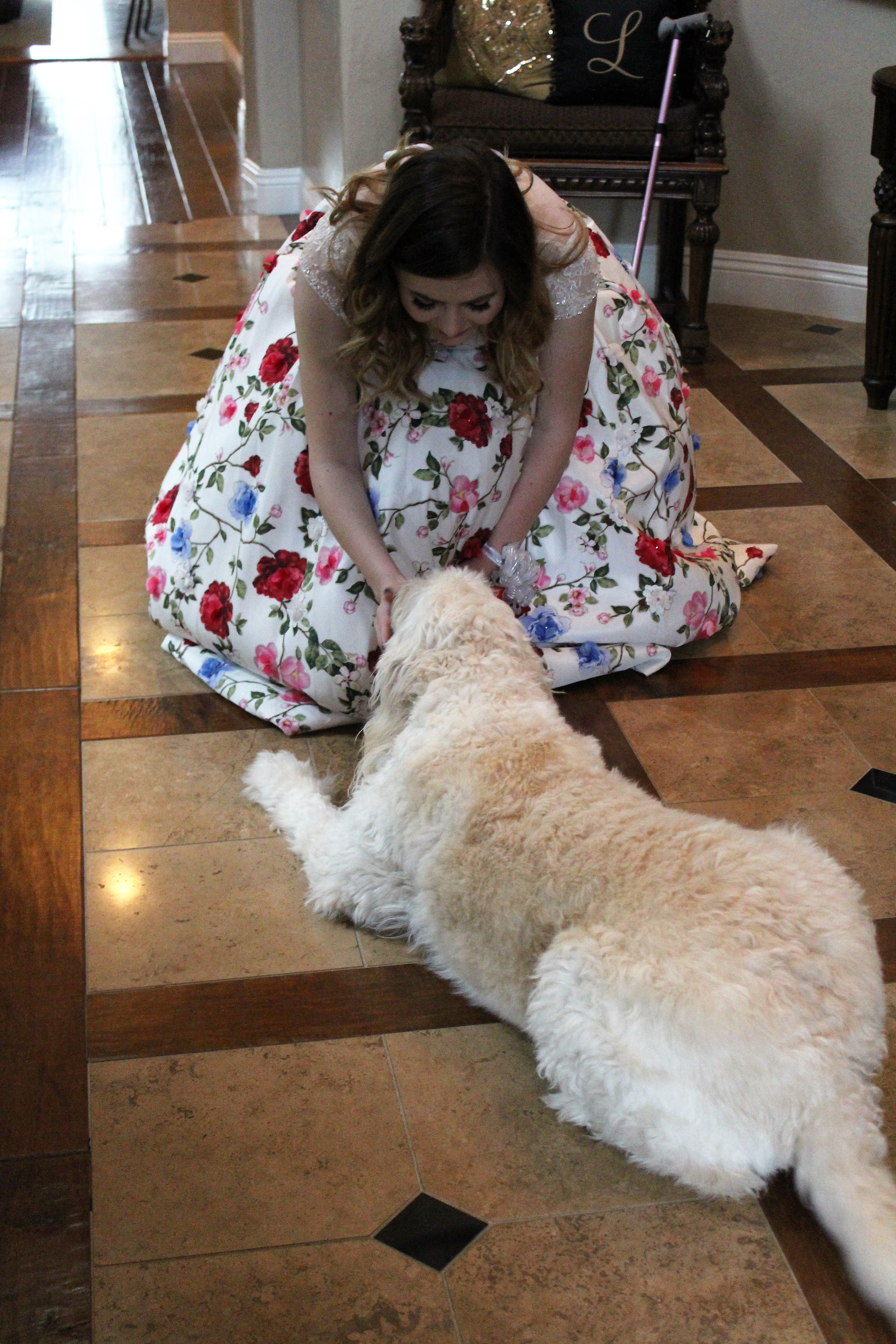 The writer petting her doc while in a prom dress.