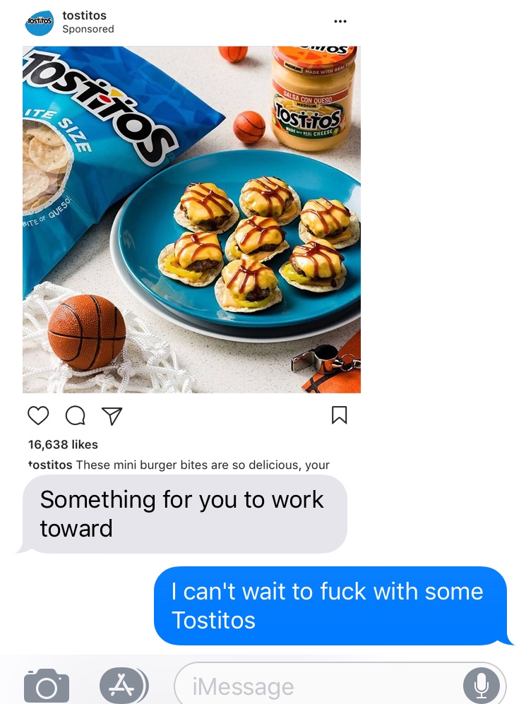 screenshot of the author's friend texting her pictures of tostitos