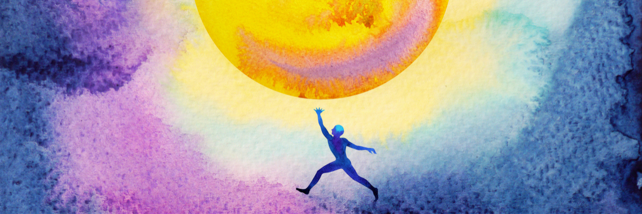 human jump high up to catch bright yellow ful moon in dark sky night, dream illustration watercolor painting design