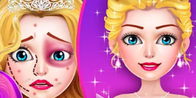 A graphic from the video game, comparing two images. The image to the left shows a princess with a purple hue over her eye and acne - along with surgical marking. The right image shows her looking "glamorous" and ball ready.